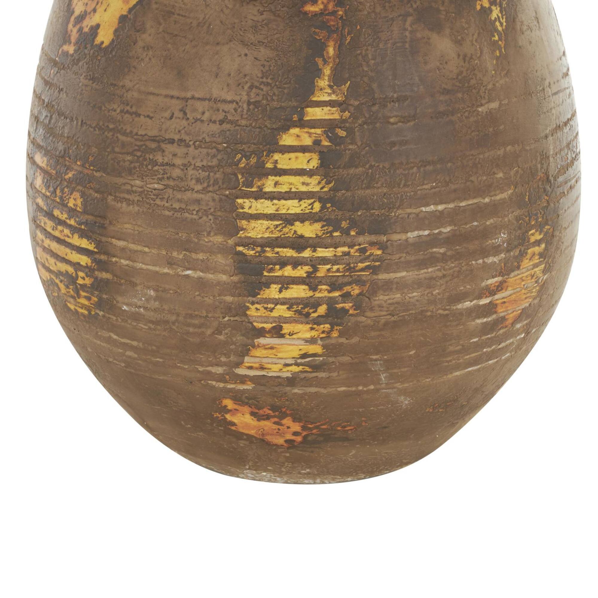 15.25" Brown Ceramic Antique Style Distressed Vase with Grooves & Handles